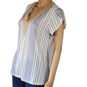 Striped Top Shirt Women's M Cap Sleeve Pullover Black Gray White Knit Stretch